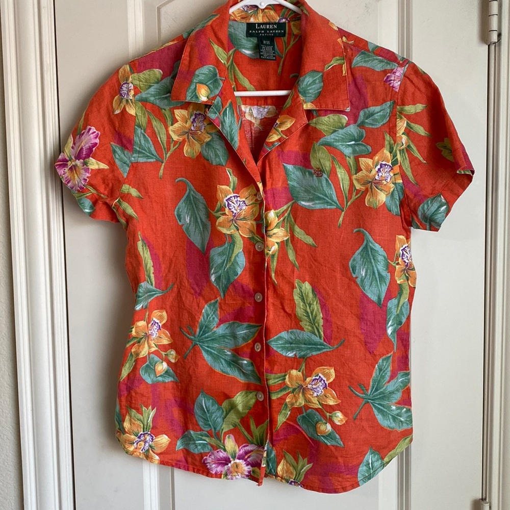 Lauren Ralph Lauren Petite floral linen shirt sleeve button down P/M